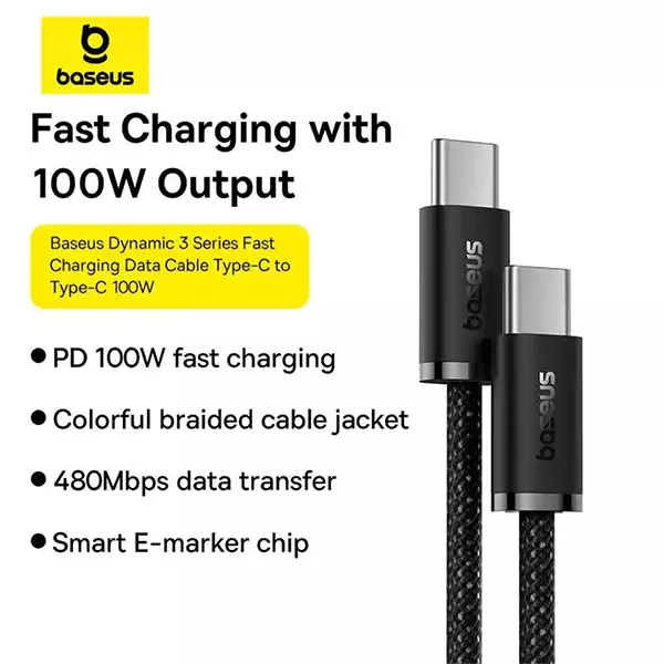 کابل تبدیل type-c به type-c باسئوس مدل Dynamic 3 series 100w طول ۱ متر