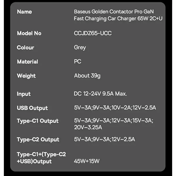 شارژر فندکی 65 وات بیسوس مدل Golden Contactor Pro GaN 65W