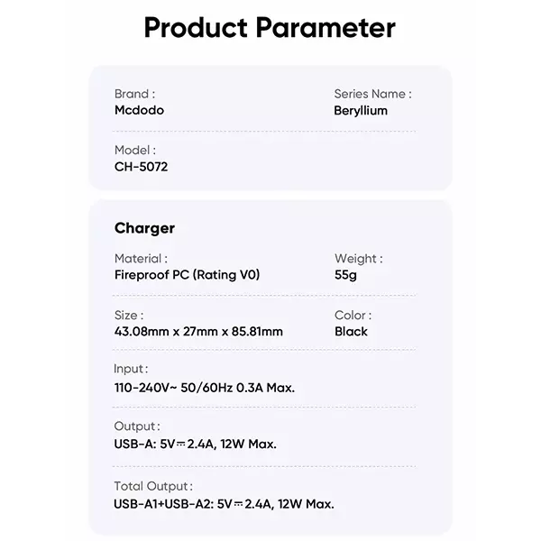 شارژر ديواری 12W مک دودو مدل CH-5072 به همراه کابل تایپ سی