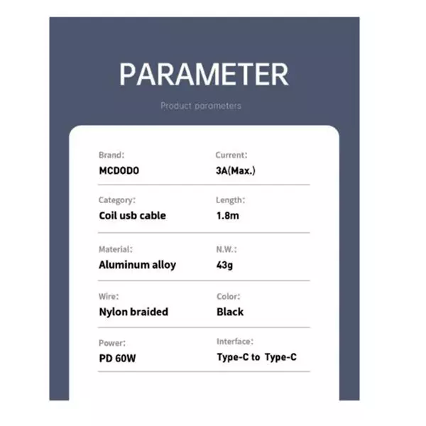 کابل شارژ فنری تایپ سی به تایپ سی 60 وات مک دودو مدل CA-7860 طول 1.8 متر