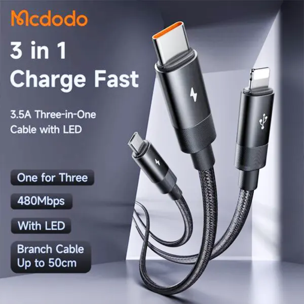 کابل شارژ 3 کاره USB به میکرو+لایتنینگ+تایپ سی مک دودو مدل CA-5790 طول 1.2متر
