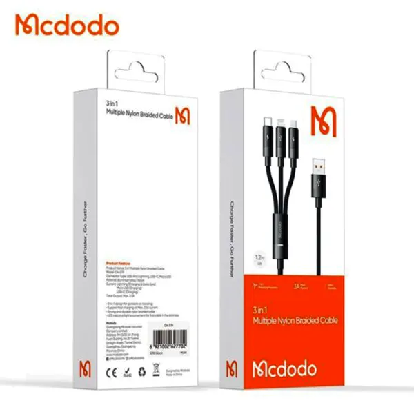 کابل شارژ 3 کاره USB به میکرو+لایتنینگ+تایپ سی مک دودو مدل CA-5790 طول 1.2متر